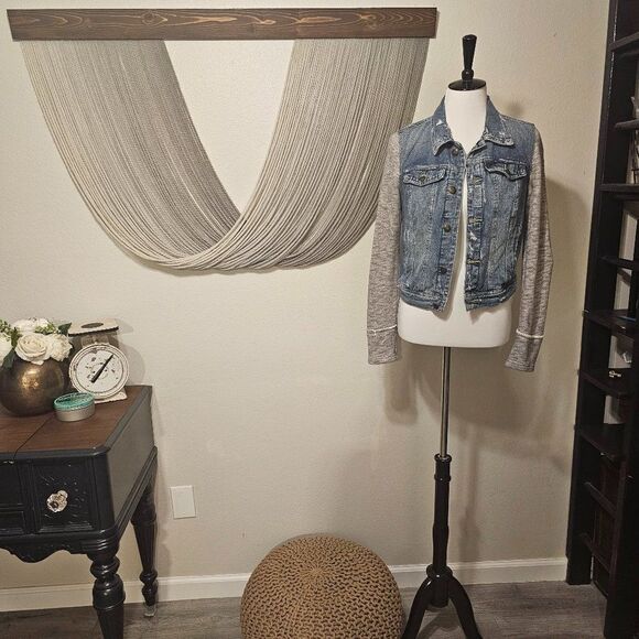 Free People Distressed Denim Jacket w/ Jersey Sleeves Sz S - Picture 1 of 4